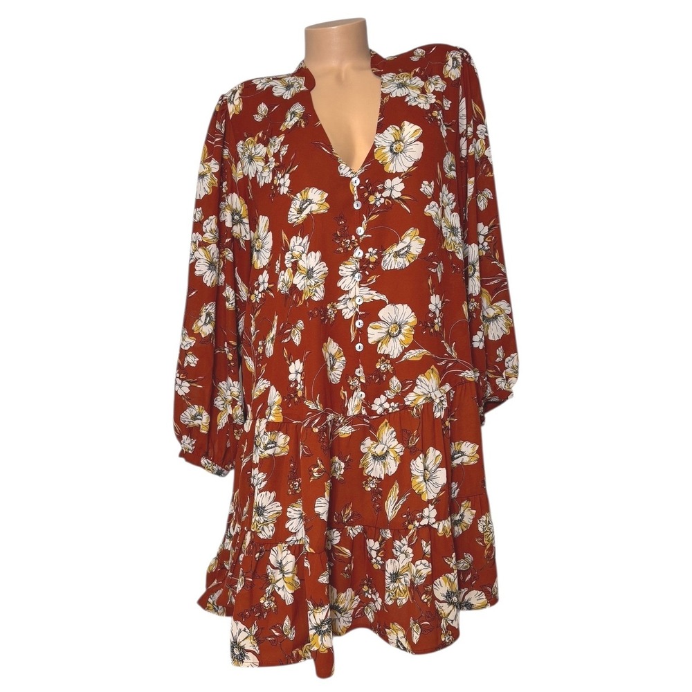 EMMA & MICHELE Sz 1X Rust Floral Print Tiered Ruffle Hem V Neck‎ Button Up Dress